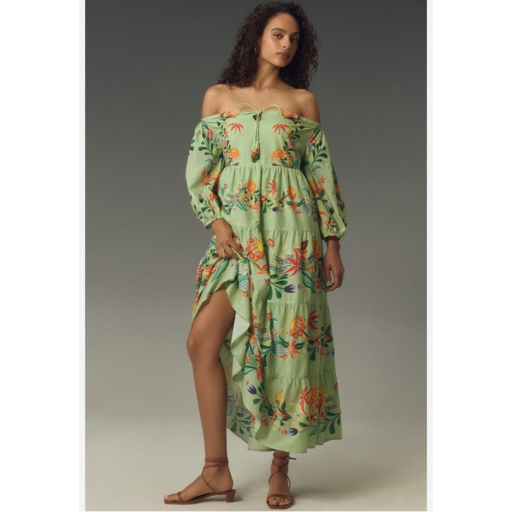 Farm Rio x Anthropologie Off-The-Shoulder Tiered Floral Midi Dress Size S